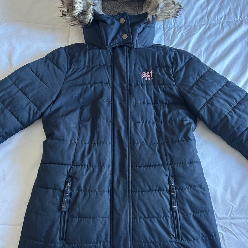 Abercrombie Kids Navy Puffer Jacket with Faux Fur Hood